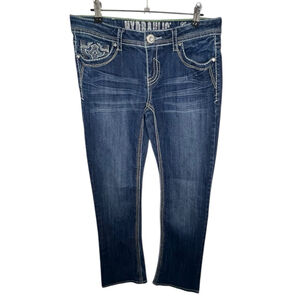 Hydraulic Slim Bootcut Dark Wash Contrast Stitch Jeans With Embellished Pockets